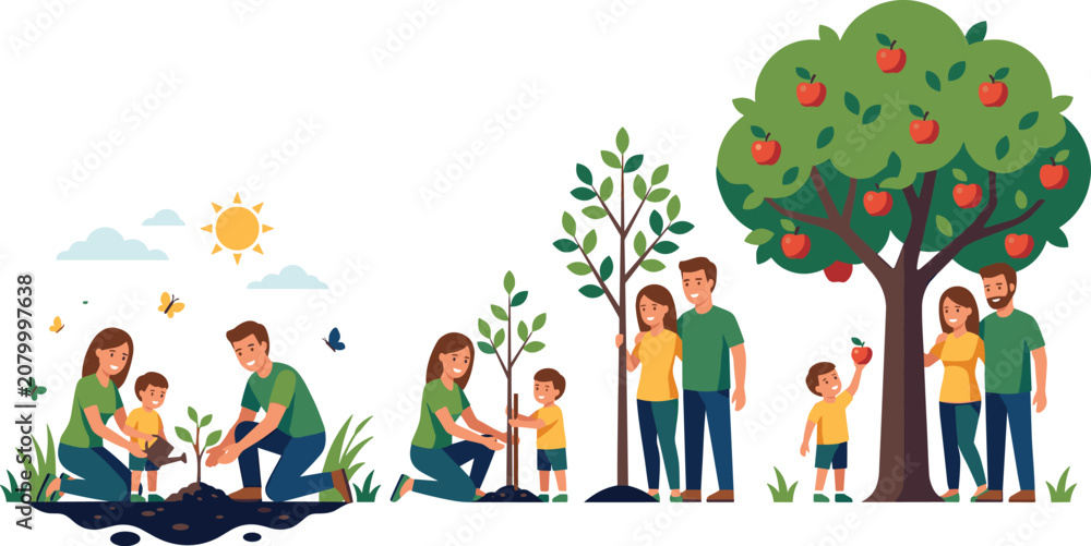 Fototapeta premium Sustainable family apple tree planting lifecycle vector illustration showing gardening growth stages from small sapling to mature harvest