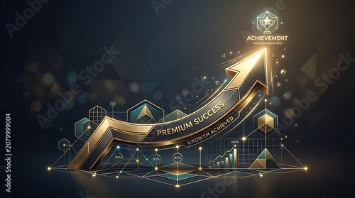 Abstract golden arrow chart representing financial growth and success with business, investment