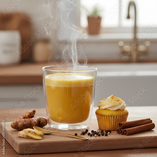 Steaming golden turmeric milk is served in a double-walled glass, showcasing a creamy foam on top. On a wooden board are fresh turmeric roots, slices of ginger, black peppercorns, and vanilla cupcake.