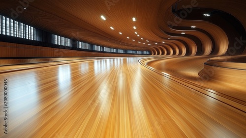 Curved wooden interior corridor with glossy flowing floor, sweeping organic walls, ceiling lights and long windows, empty modern space conveying motion and warm calm
