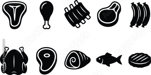 Obraz na plátně Black silhouette icons of various raw meat and fish products