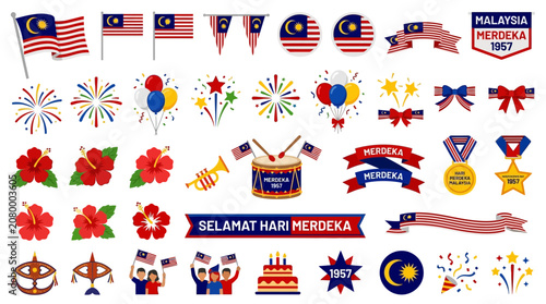 Vibrant Malaysian Independence Day celebration icons and symbols displayed