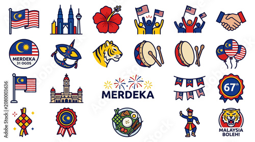 Vibrant Independence Day Celebration Icons Displayed on White Background
