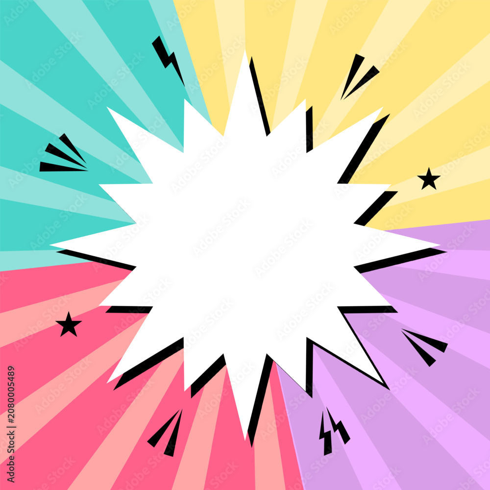 Fototapeta premium Abstract comic pop art burst background with colorful sunburst rays and explosion frame. Dynamic retro design for banners, posters, and speech bubbles.