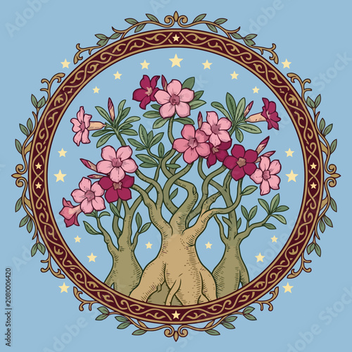 Floral desert rose tree in a circular frame