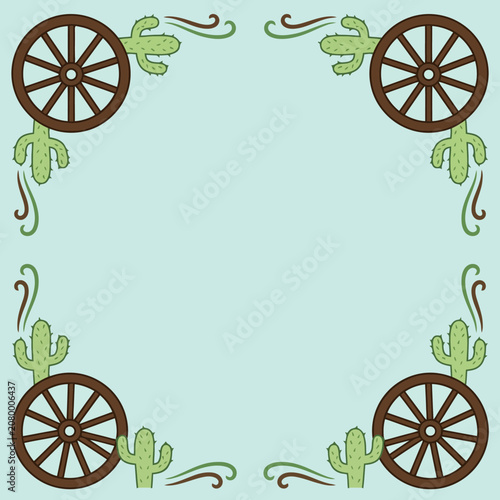 A rustic western frame with wagon wheels and cacti