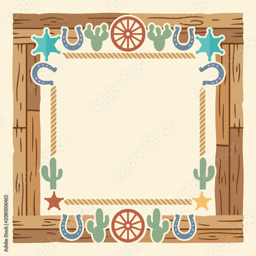 Rustic western wooden frame with cowboy icons