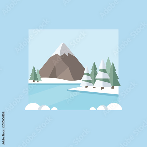 A flat vector illustration of a snowy mountain landscape scene