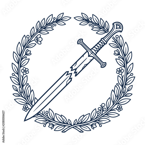 Broken sword inside a circular laurel wreath