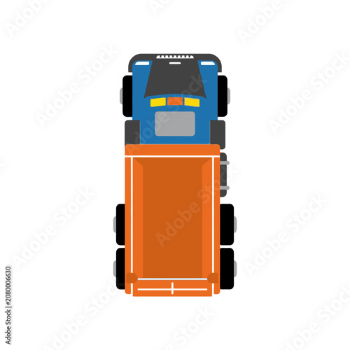 Top view of a blue and orange dump truck