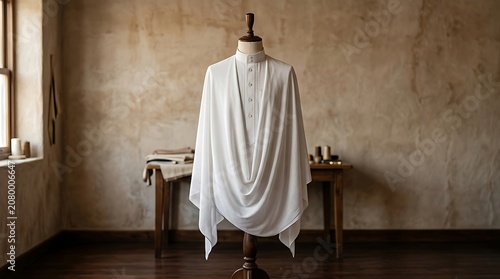 Elegant white draped garment on a tailor mannequin in a rustic studio