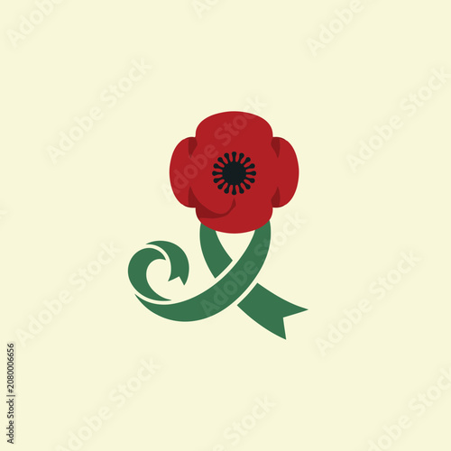 Red poppy flower with a green ribbon on a cream background
