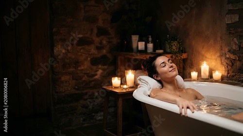 Young woman relaxing in a candlelit rustic bathroom bathtub