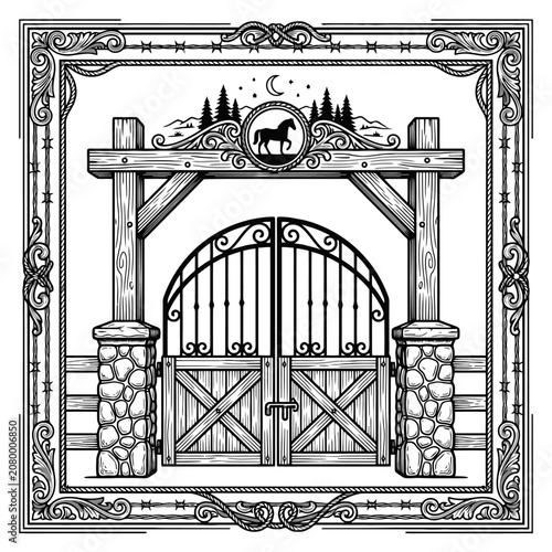 Rustic ranch gate with horse emblem in a frame