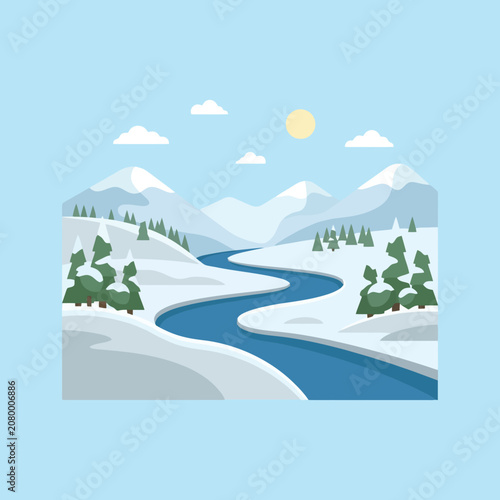 A serene winter landscape features a winding river and mountains