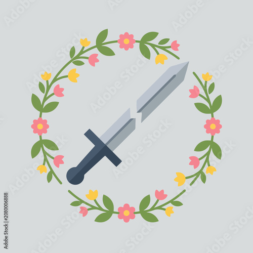 A broken sword rests inside a colorful floral wreath