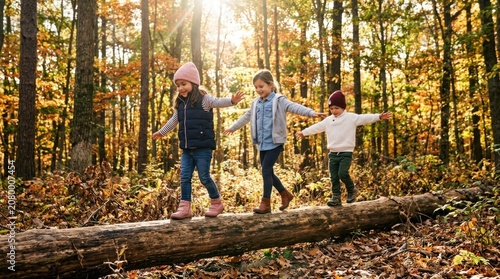 Three happy children balancing on a fallen tree log while walking through a sunny autumn forest