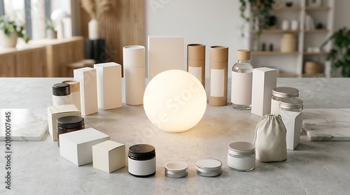 Minimalist assortment of blank product packaging on a marble surface