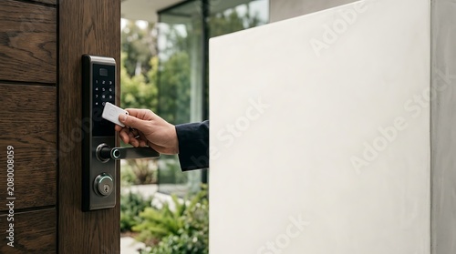 Person using a smart key card to unlock a modern digital door lock