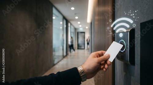 Person using smart keycard to access a secure modern office