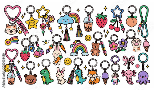 Bild auf Leinwand Trendy Colorful Cute Keychains, Charms & Bag Accessories Vector Set