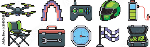 Billede på lærred Drone racing pixel icon collection, pixel art illustration showcasing quadcopter