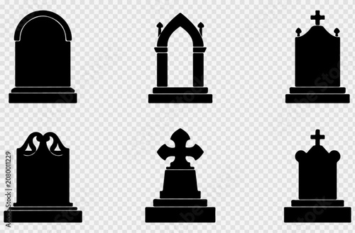 Gothic tombstone silhouettes set, 6 cemetery gravestone icons in black, spooky graveyard headstone vector collection for Halloween design