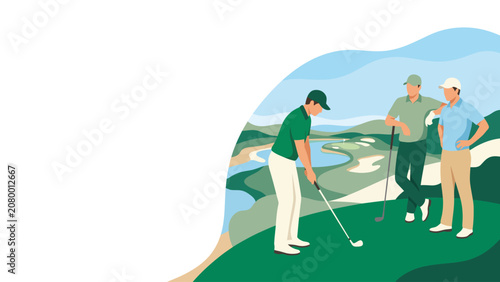 Tableau sur toile Group of male golfers practicing a putt on scenic green.