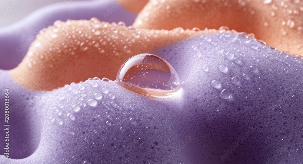 Fototapeta premium Macro close-up of a clear water droplet resting on a soft purple textured surface with peach undulating mounds and scattered condensation, calm and refreshing mood