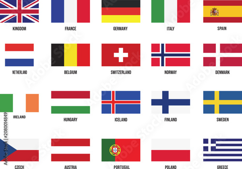 European Countries National Flags Collection Vector Set with United Kingdom France Germany Italy Spain Netherlands Belgium Switzerland Nordic and EU Flag Icons Isolated Background