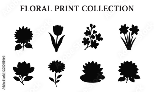 Vector Set of Tree and Leaf Silhouettes with Floral Nature Elements Black Botanical Icons Decorative Plant Collection for Design Illustration Pattern and Ornament