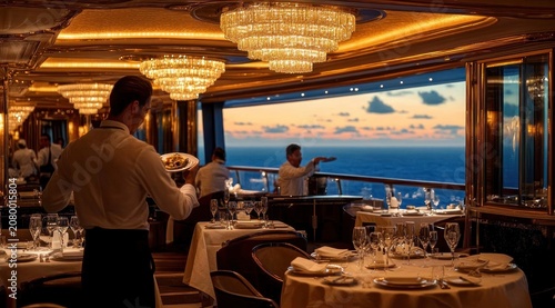 Waiters serving a luxurious shipboard dining room with chandeliers, set tables and a golden ocean sunset visible through panoramic windows, creating an elegant relaxed atmosphere