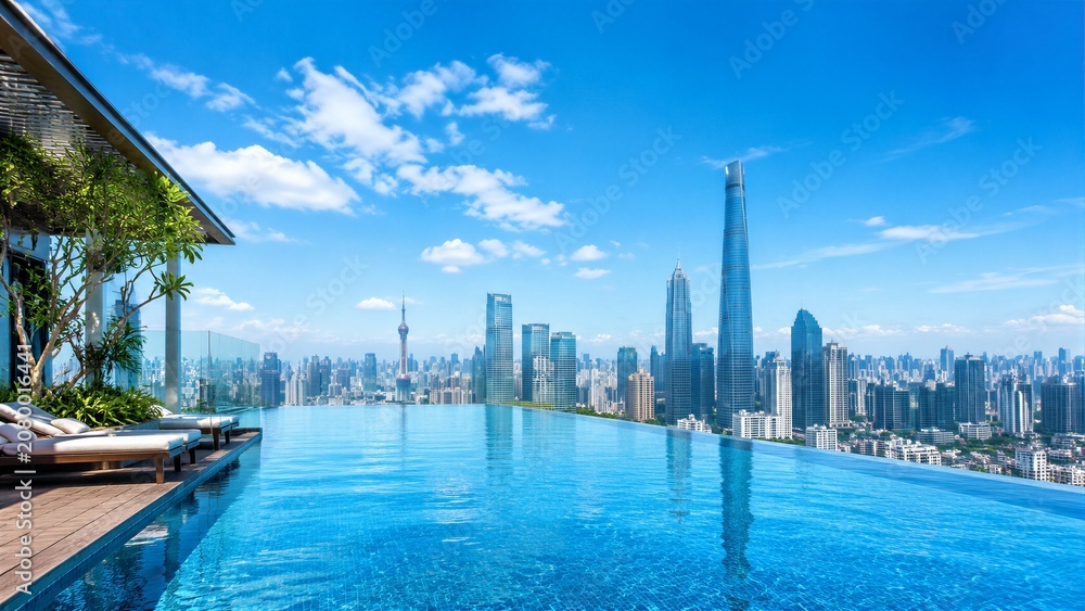 Fototapeta premium Rooftop infinity pool overlooking modern urban skyline