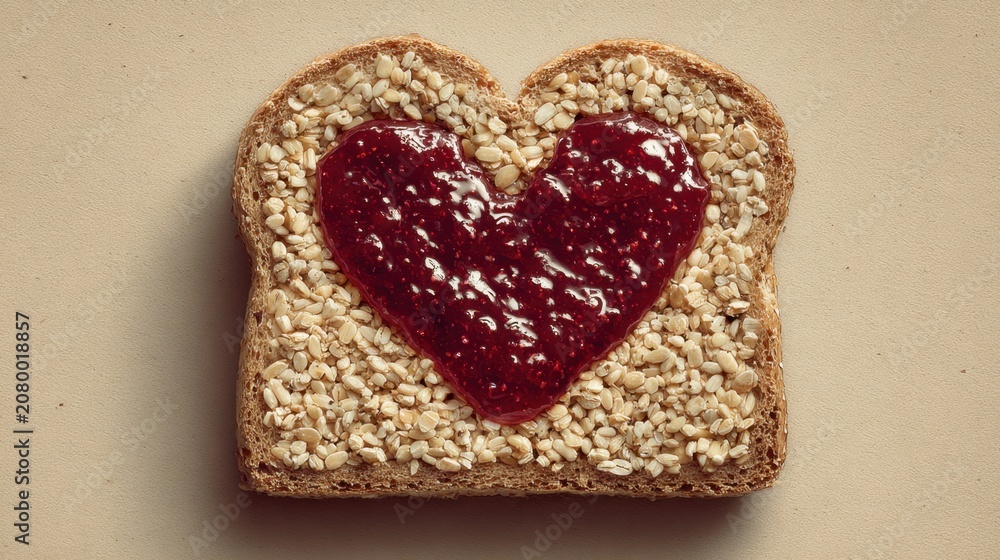 Fototapeta premium Creative Heart-Shaped Jam Design on Whole Grain Bread Slice for Food Art Concept and Healthy Breakfast Inspiration