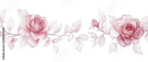 two soft pink watercolor roses with buds and leafy stems on a white background, delicate romantic floral border conveying gentle elegance and serenity