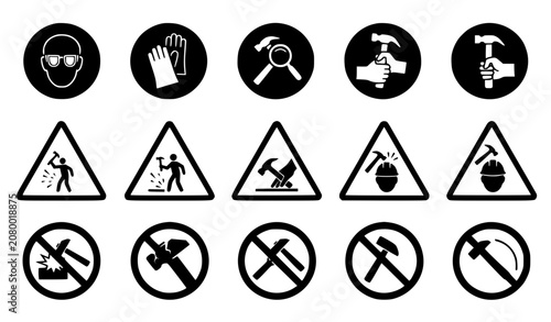 Bild auf Leinwand Hammer Safety Symbols and Warning Icons Vector Set