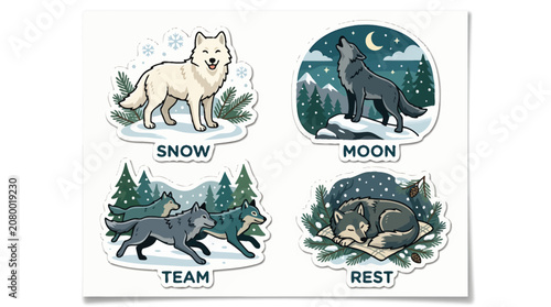 Cute Wolf Sticker Set with Nature Themes: A charming collection of four illustrated wolf stickers featuring a white wolf in snow, a black wolf howling at the moon, a wolf pack running together.