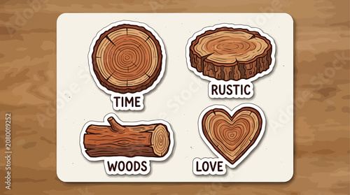 Wood Slice Art with Words: A charming collection of wood slices, featuring a cross-section of a tree trunk, a rustic bark-edged slice, a log, and a heart-shaped cut.