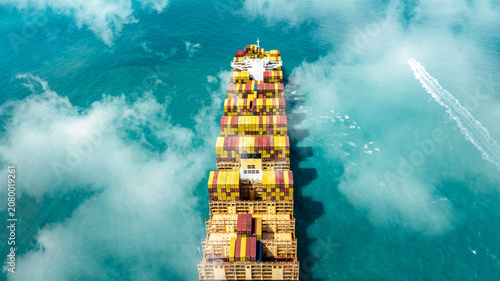 Aerial view of the freight shipping transport system cargo ship container. international transportation Export-import business, logistics, transportation industry concepts	