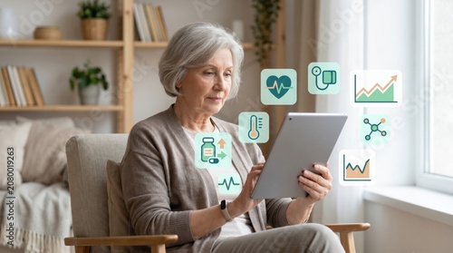 Senior woman using tablet for telemedicine and health monitoring at home