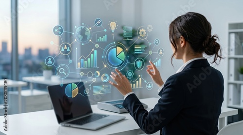 Businesswoman interacting with holographic data visualization including pie charts, bar graphs, global network, and security icons, representing big data analytics