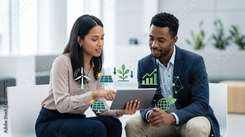 Professionals discussing sustainability metrics on tablet, green business strategy with icons for wind power, solar energy, plant growth, global network and upward trend graph
