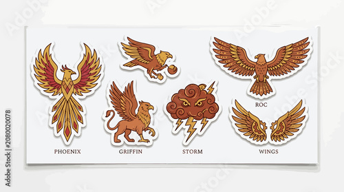 Mythical Creatures Collection: A vibrant illustration showcasing a phoenix, griffin, storm cloud with lightning, eagle, and wings, offering a mystical and powerful fantasy-themed assortment.