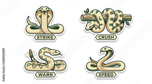 Four Snake Poses: Four illustrated snake poses, each with a caption highlighting a unique ability: Strike, Crush, Warn, and Speed, showcasing reptile power and agility.