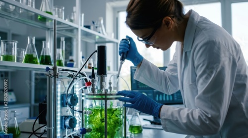 Female scientist working in modern biotechnology laboratory with green algae culture, researcher using pipette and equipment for biofuel production, sustainable energy concept