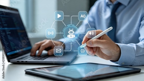 Businessman using artificial intelligence tools on laptop and tablet with stylus pen, digital transformation workflow, AI automation icons floating