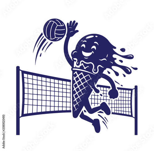 Cartoon ice cream cone mascot spiking volleyball illustration with volleyball character athletic recreation competition exercise activity tournament movement