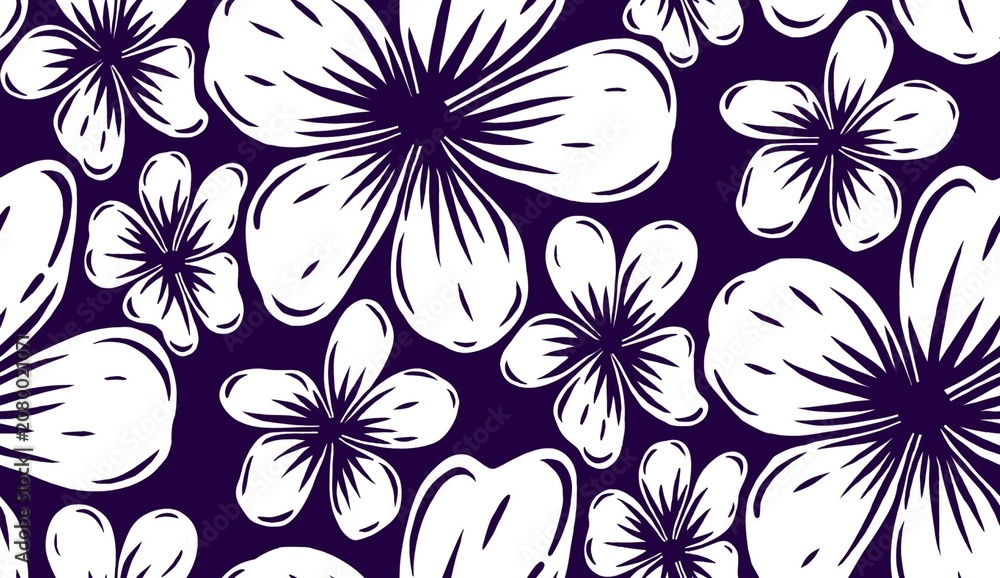 Fototapeta premium Seamless pattern of abstract hibiscus flowers in dark blue background pattern illustration