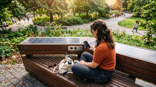 Top View of Young Woman Charging Smartphone on Solar-Powered Park Bench: Sustainable Energy Concept