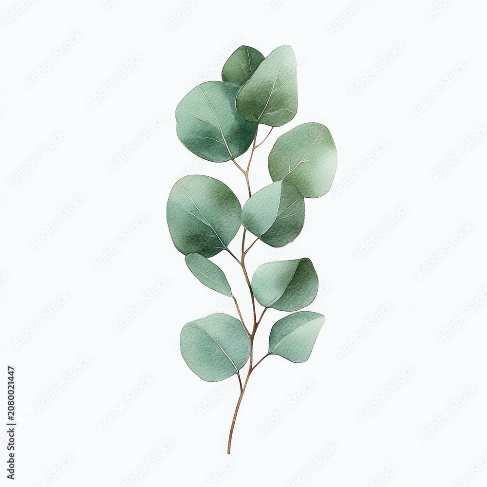 Obraz premium single eucalyptus branch with round green leaves watercolor botanical illustration conveying serene freshness